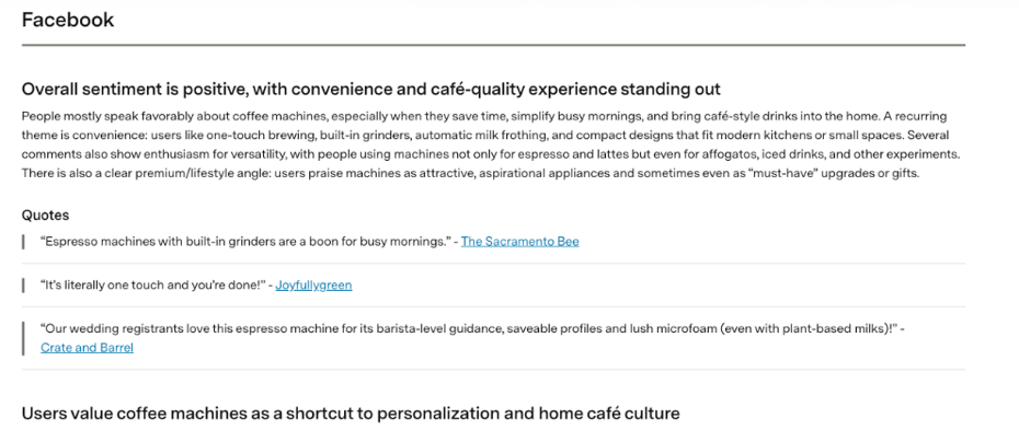 Facebook consumer sentiment analysis highlights positive customer feedback, personalization, and home café trends